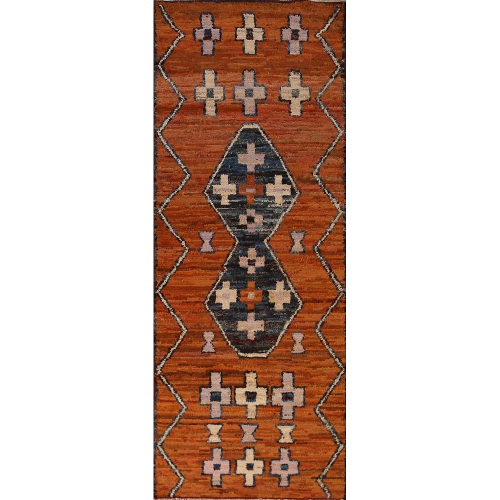Orange Moroccan Oriental Runner Rug Handmade Tribal Wool Carpet - 2'11" x 9'10"