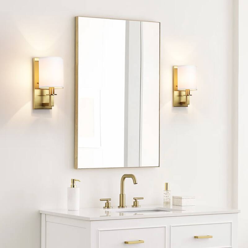 1-Light 5.5" W Modern Gold Cylinder Metal Flush Mount Wall Sconce/Bathroom Vanity Light with White Fabric Shade