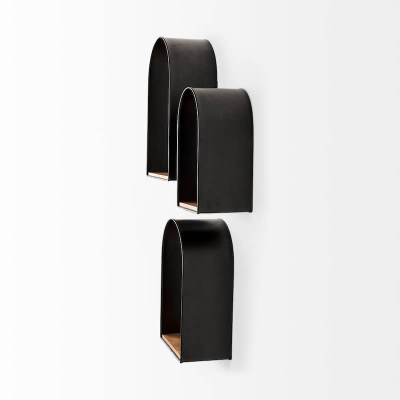 Finley Black Metal With Brown Wood Arched Wall Shelves (Set of 3)