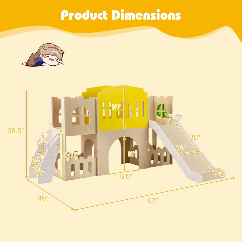 Gymax 7-in-1 Toddler Slide Set Wooden Castle-Shaped Entertainment