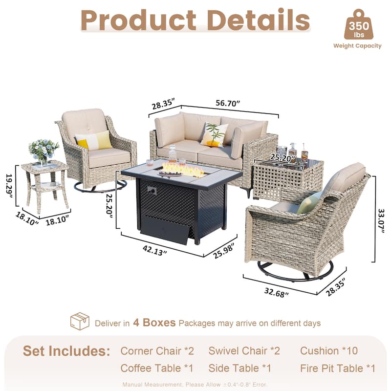 OVIOS 7 Pieces Outdoor Wicker Furniture Set With Solar-Powered Coffee Table&Fire Pit