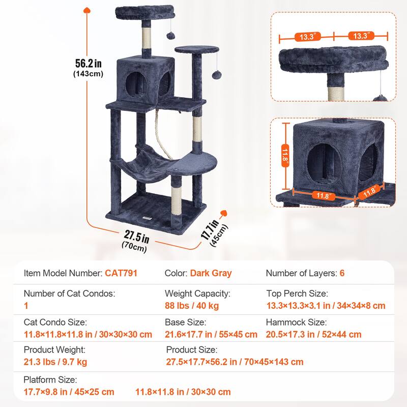 Cat Tree for Indoor Cats, 56.2" Cat Tower with Cat Condo, Sisal Scratching Post, Hammock, Top Perch, Jumping Platforms