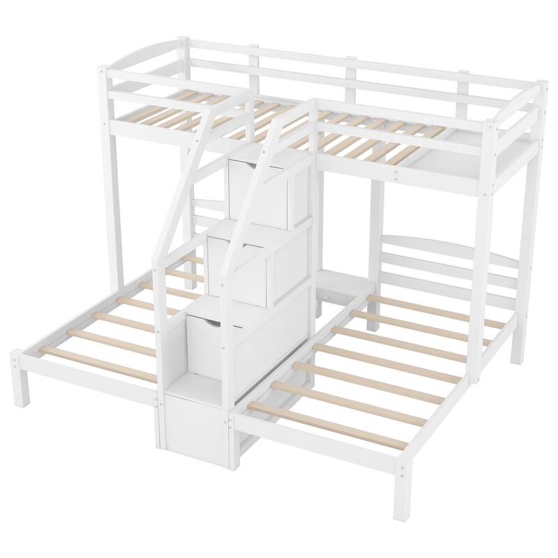 Roomfitters Twin Over Twin and Twin Triple Bunk Bed with Storage Staircase and Drawer, White
