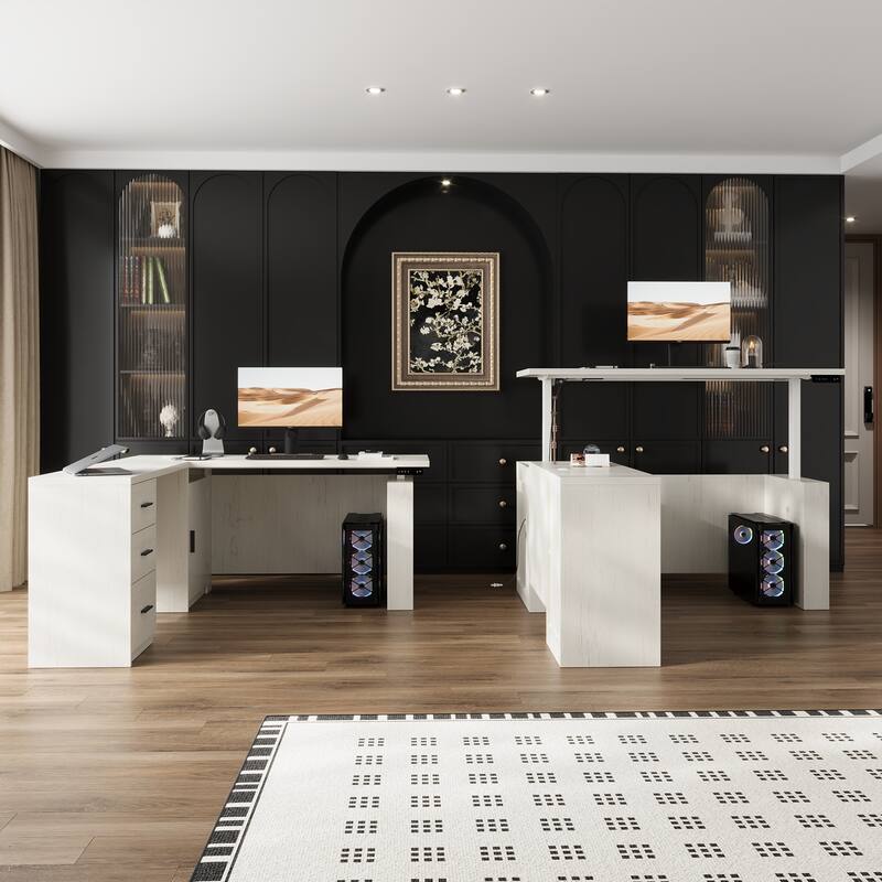 63" L Shaped Electric Standing Desk with Storage Drawers – Height Adjustable Executive Desk, Dark Brown Wood