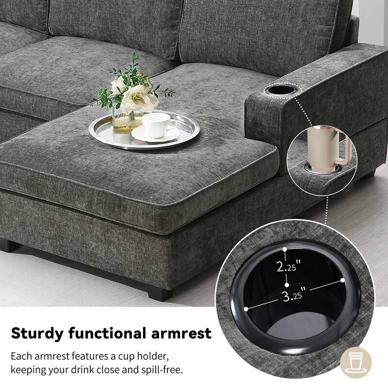 119" U Shaped Sectional Sofa, 6 Seat Oversized Chenille Corner Couch Set with Chaise Lounge and Cup Holders