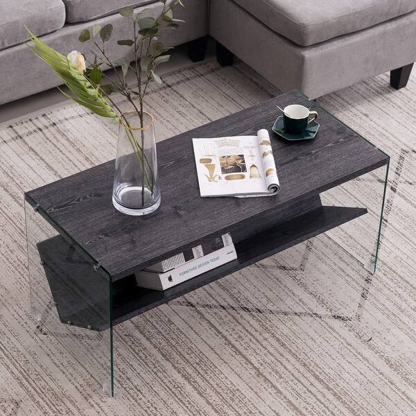 slide 2 of 9, Ivinta SoHo Coffee Table, Gray / Glass Small Cocktail Table with Storage Shelf