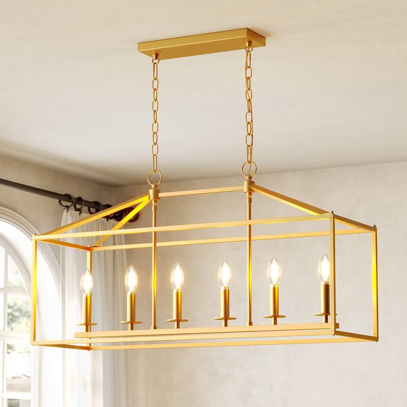 56.7in 6-Light Linear Chandelier with Caged Metal Shade, Height Adjustable - Gold