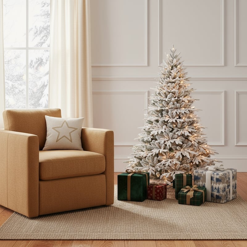 HomeRoots 5' White Pre Lit Full Flocked Fir Christmas Tree - 47.00 in. x 60.00 in. x 47.00 in. - White - 5 Foot