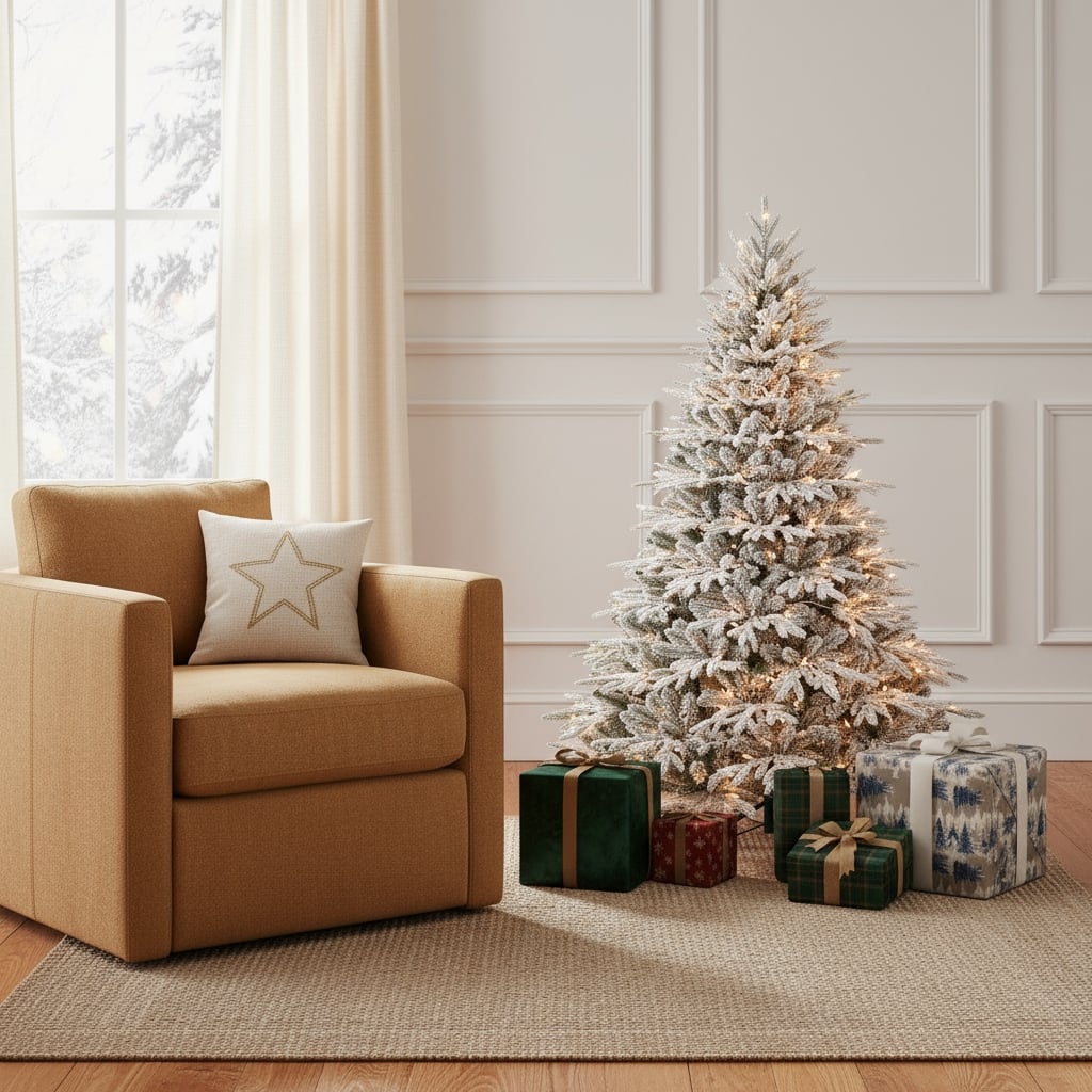 HomeRoots 5' White Pre Lit Full Flocked Fir Christmas Tree - 47.00 in. x 60.00 in. x 47.00 in.