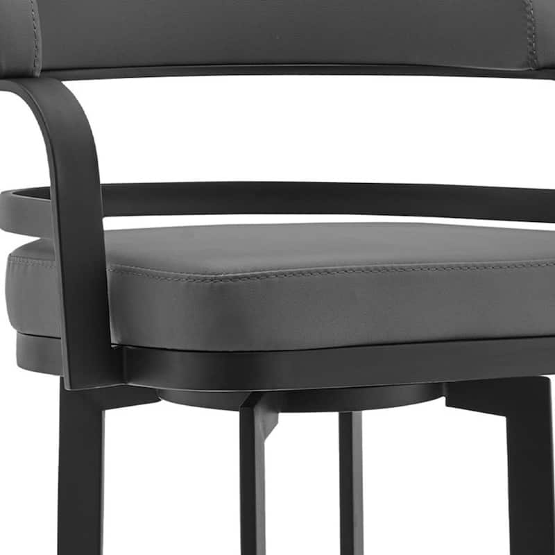 Gray Faux Leather Swivel Bar Chair with Black Iron Frame, Counter Height and Footrest - 22” x 22” x 34” (D x W x H)
