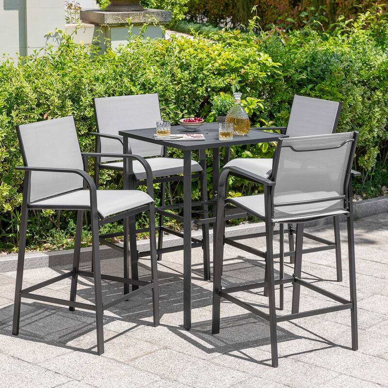 Patio 5-Piece Bar Set with Umbrella Hole, Textilene Bar Stools