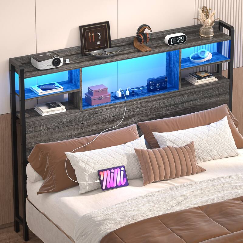 Storage Headboard with USB Port and Power Outlet, Head Board with LED Light for Bed Frame - Grey Oak - Twin