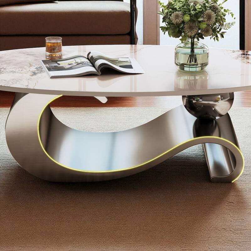 49.2" Oval Faux Marble Coffee Table with Stainless Steel Base, Modern Contemporary Center Accent Table