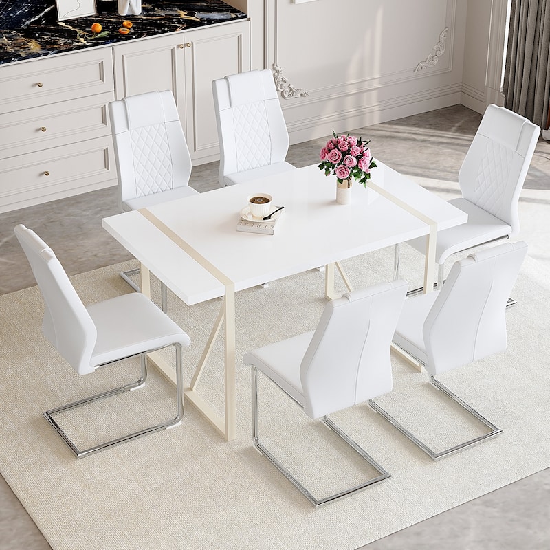 Dining Table Set for 6, 7 Piece Home Rectangular Dining Table Set with 6 Faux Leather Chairs, Cream Dining Table and Chair Set