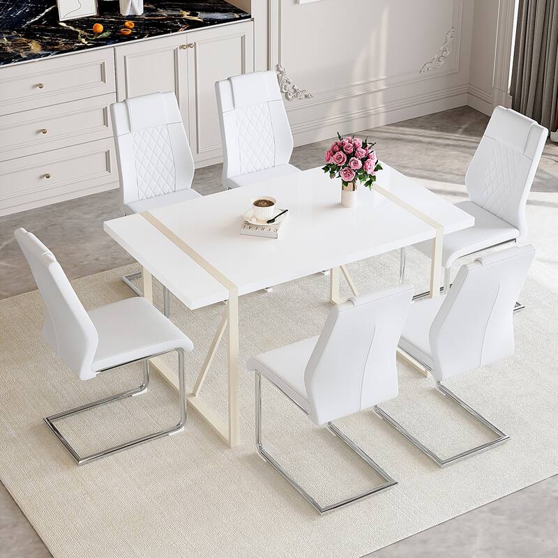Table and chair set, Cream-Style MDF Dining Table Set with 6 Chairs With Metal Legs,MDF Tabletop and metal frame legs
