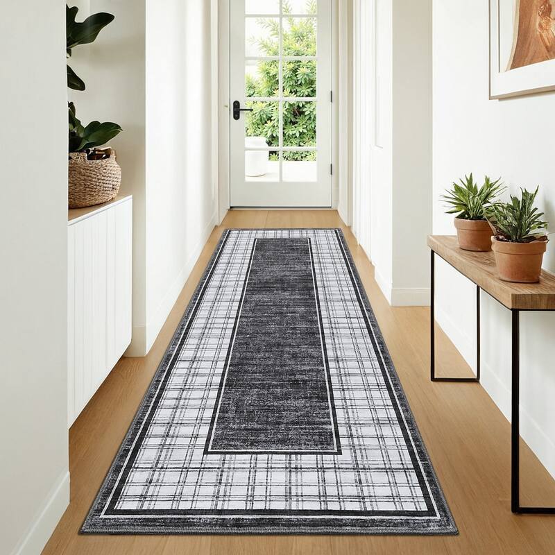 Modern Bordered Rug Farmhouse Plaid Area Rugs for Living Room Bedroom, Indoor Accent Carpet Home Decor