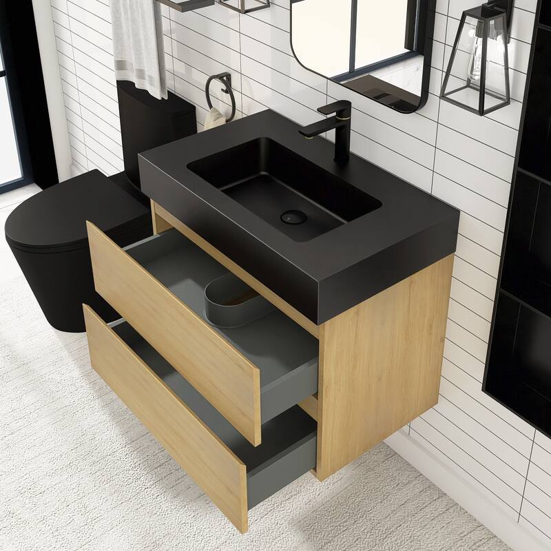 Floating Bathroom Vanity with Black Solid Surface Top