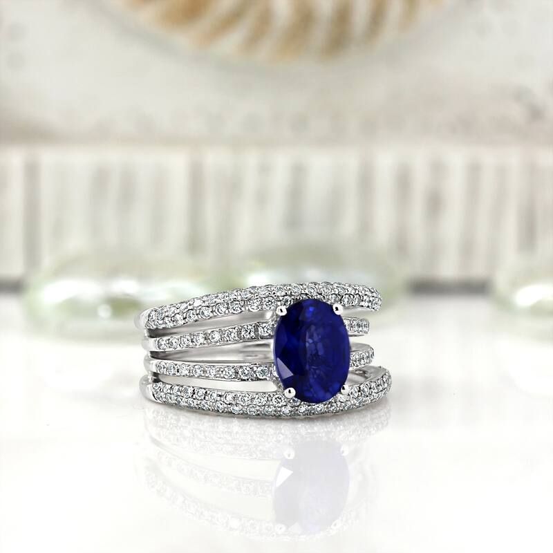 Auriya 18k Gold 2 1/2ct Oval Sapphire 4-Band Diamond Ring 9/10ct TDW