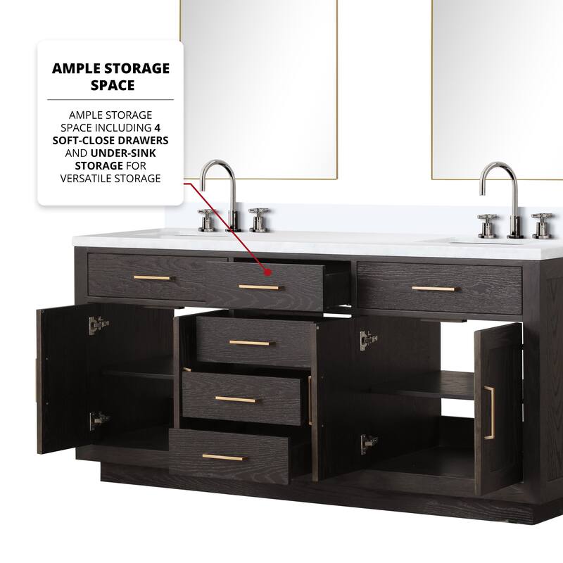 Abbey 60 in W x 22 in D Black Oak Double Bath Vanity, Cultured Marble Top, Faucet Set, and 28 in Mirrors