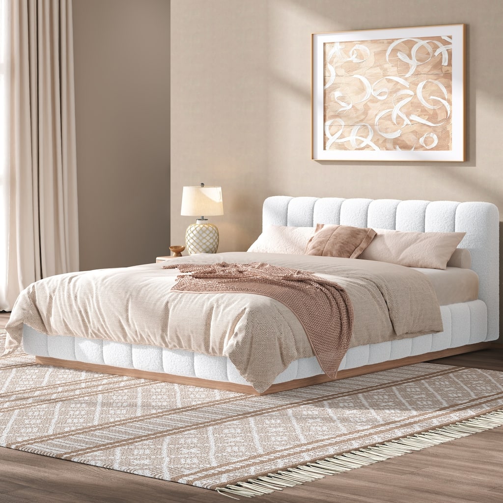 GDFStudio - Boucle Upholstered Platform Bed Frame with Low Profile Wood Base