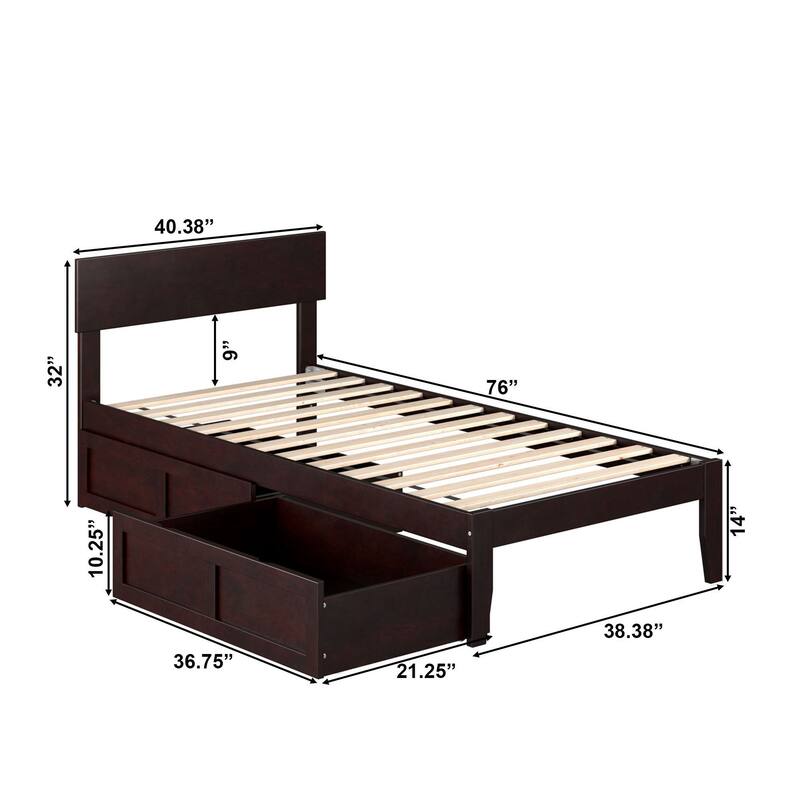 Boston Twin Platform Bed with 2 Storage Drawers in Espresso