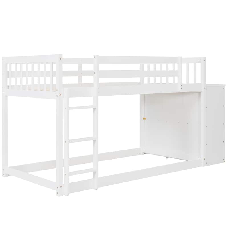 White Pine Wood Bunk Bed with 4 Drawers, 3 Shelves, and Built-in Ladder