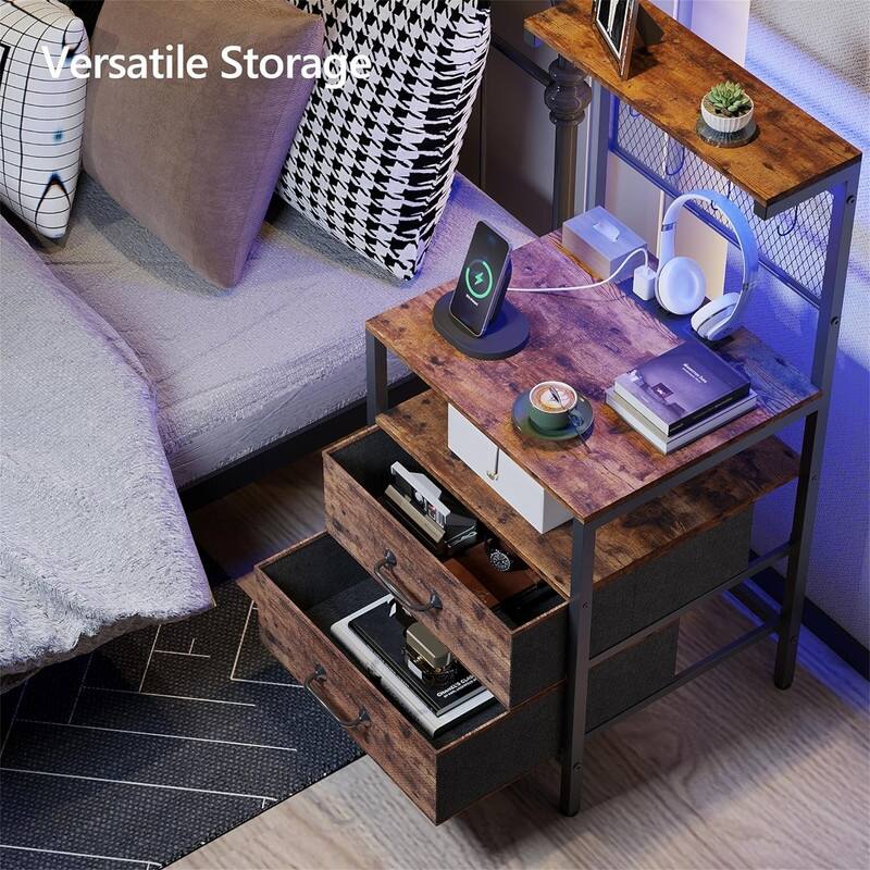 Nightstand Set of 2 with Charging Station and LED Lights
