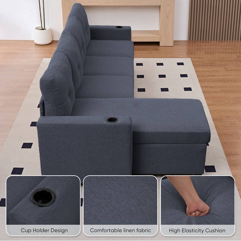 Mixoy 101"Linen 4-Seater Modular Sofa with Storage Chaise,Sleeper Sofa with Pull-out Bed