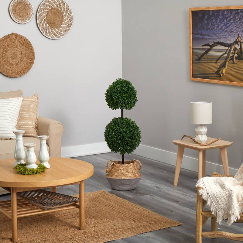 Artificial Topiary Tree - 3.5Ft Double Ball Indoor Outdoor - Boho Planter - Gray Woven Design - Green - 51-60 Inches