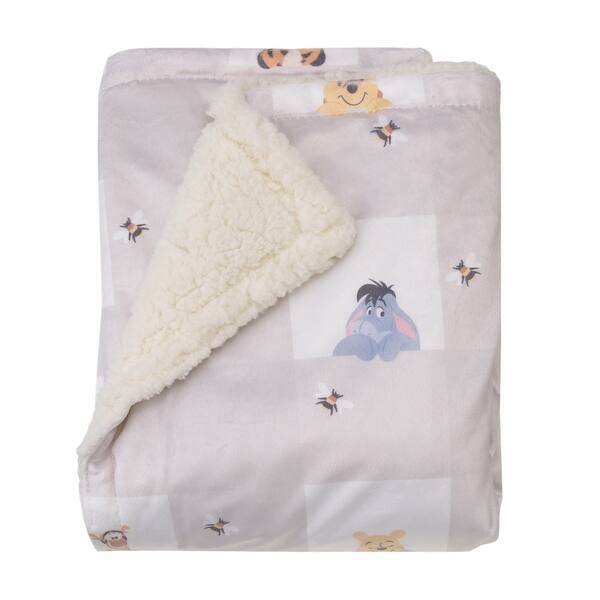 slide 2 of 5, Disney Winnie the Pooh Hugs and Honeycombs Grey and White Plaid with Piglet, Tigger and Eeyore Super Soft Sherpa Baby Blanket