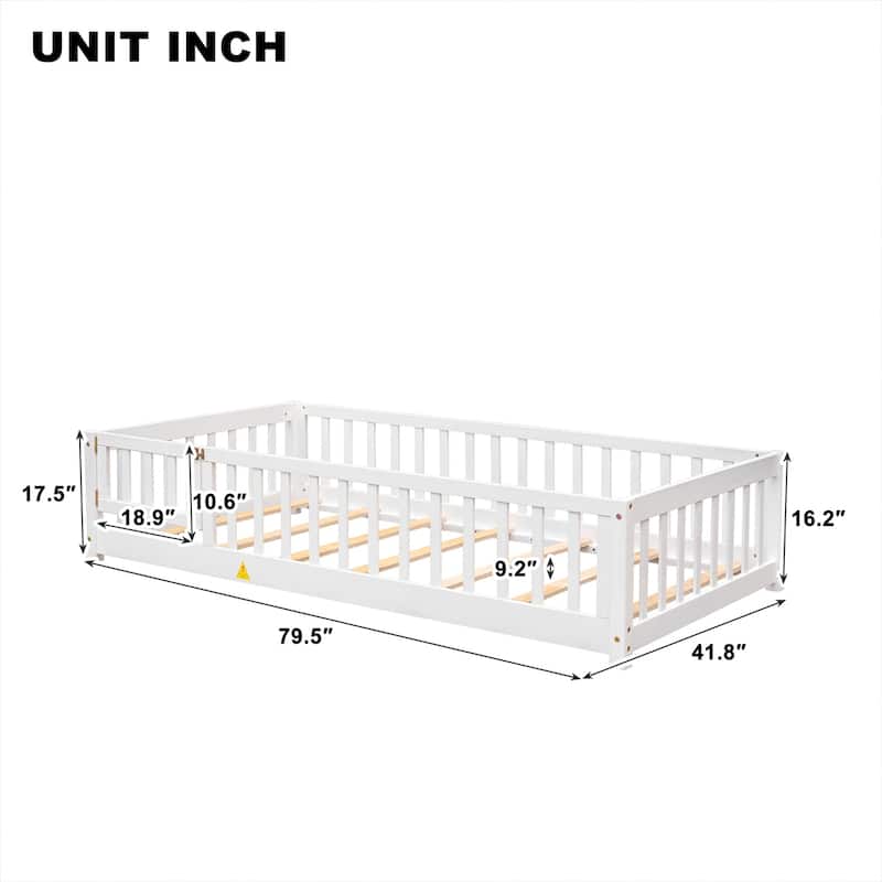 Pine Wood Floor Platform Bed with Fence and Door