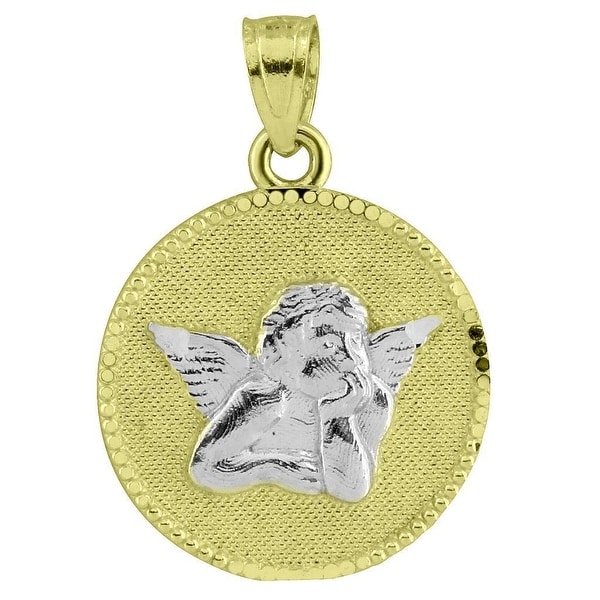 Thinking Angel Coin Pendant 0.9 Inch Mini Round Charm 10k White Yellow Gold