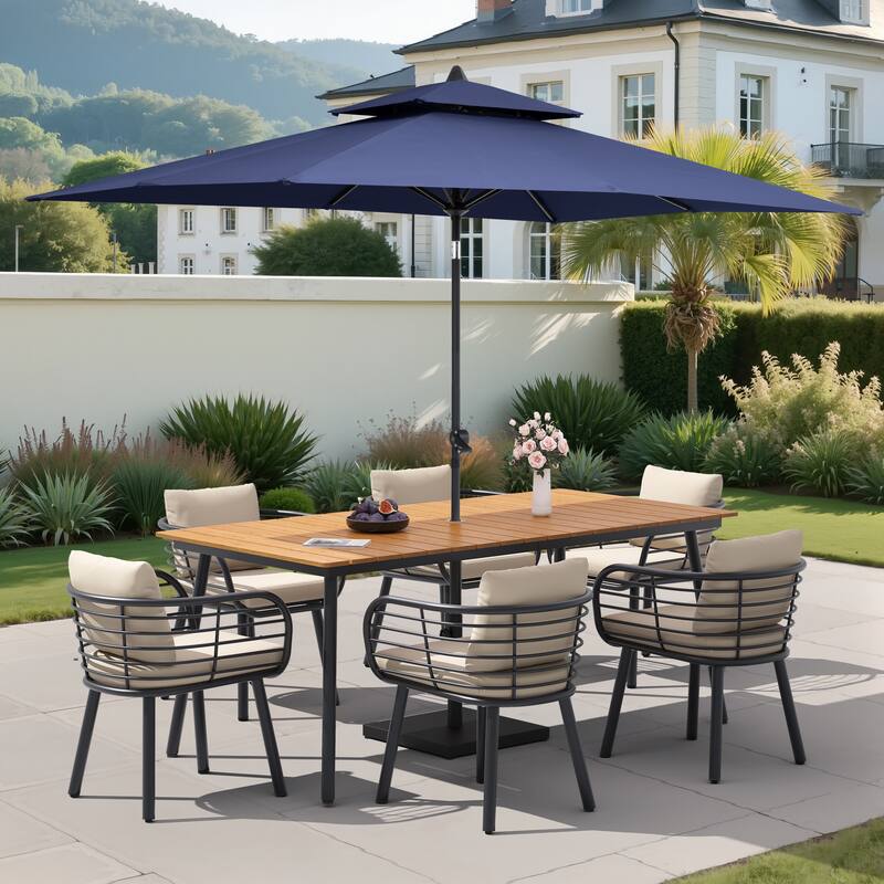 9/11-PieceOutdoor Patio Dining Set with Sunbrella Cushions Aluminum Dining Table and Chairs w/10 ft Umbrella and Base