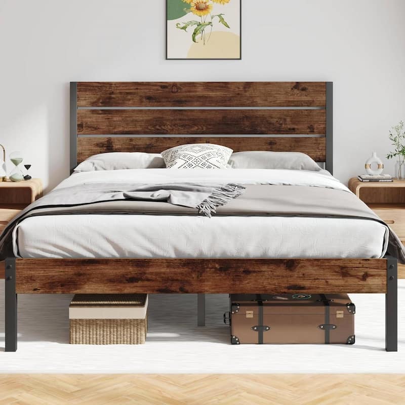 Brown Wood Headboard Platform Bed Frame with Sturdy Metal Design - Queen
