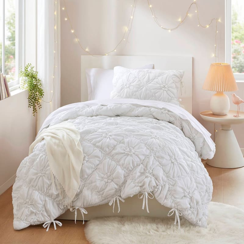 Rossetta 2-Piece Twin Size Extured Floral Cozy Puffy Design Comforter Set -  White