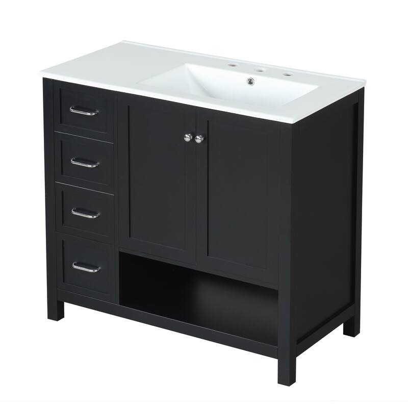 Roomfitters 36" Bathroom Vanity with Sink, Right-Side Basin, Solid Wood Frame, 2 Doors, 2 Drawers & Open Shelf