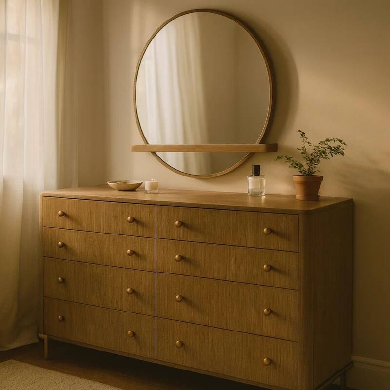 Fij Wide Dresser with Mirror, 8 Drawers, Sand Wash Brown, Brass Knobs