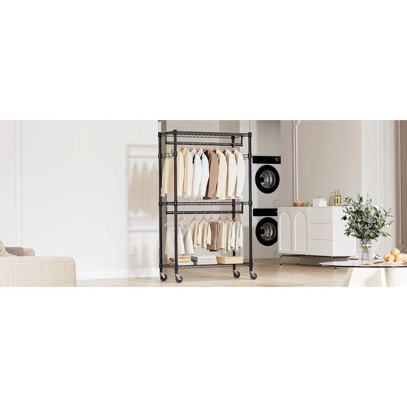 Heavy Duty Rolling Garment Rack with Wheels, 3-Tier Adjustable Wire Shelving, Clothes Rack with 2 Rods & Side Hooks