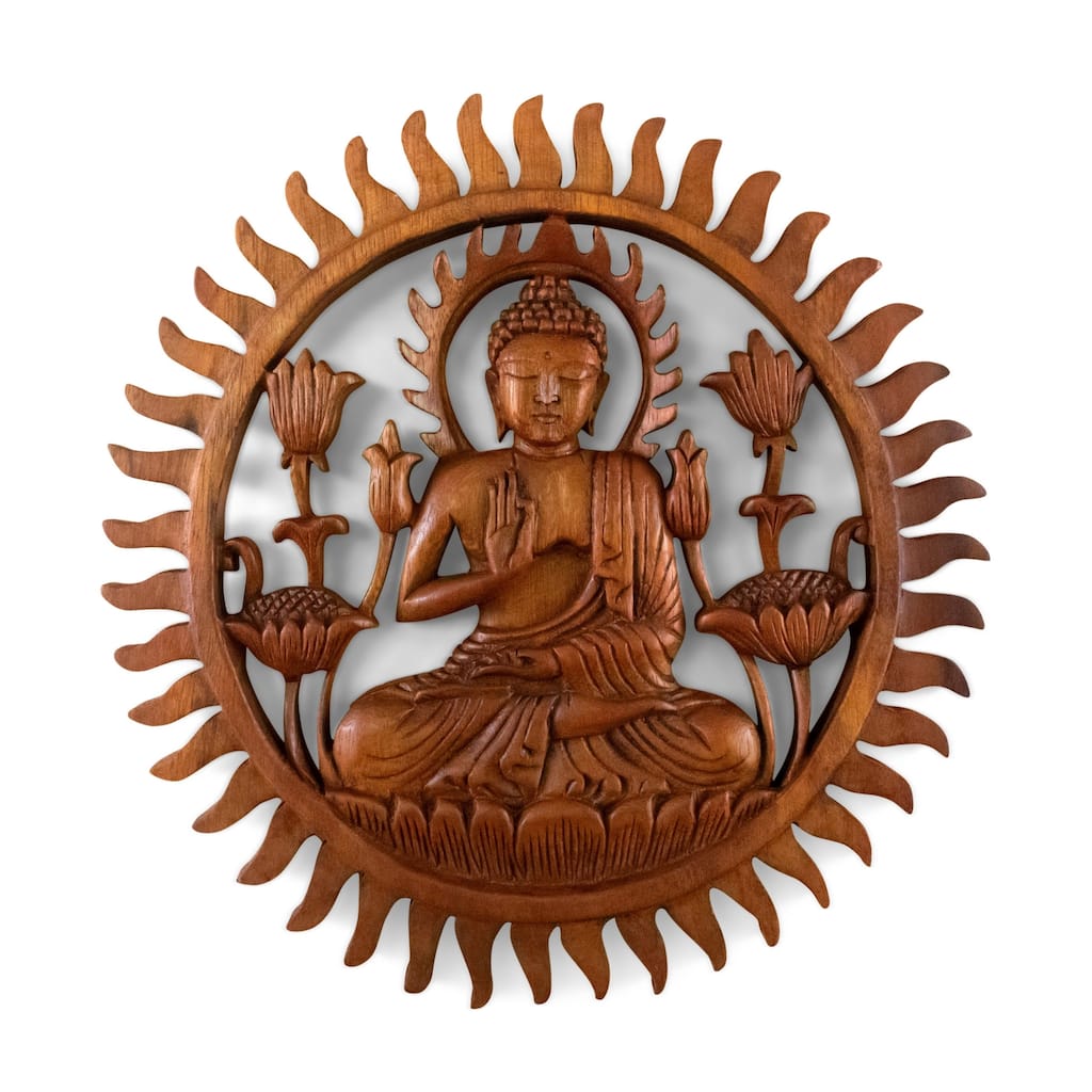 12" Wooden Hand Carved Wall Hanging Serene Buddha Meditation Sculpture Statue Handmade Figurine Panel Relief Gift Home Decor