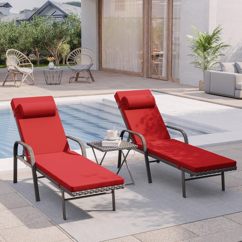 3-Piece Outdoor Wicker Chaise Lounge with Armrests and Cushions