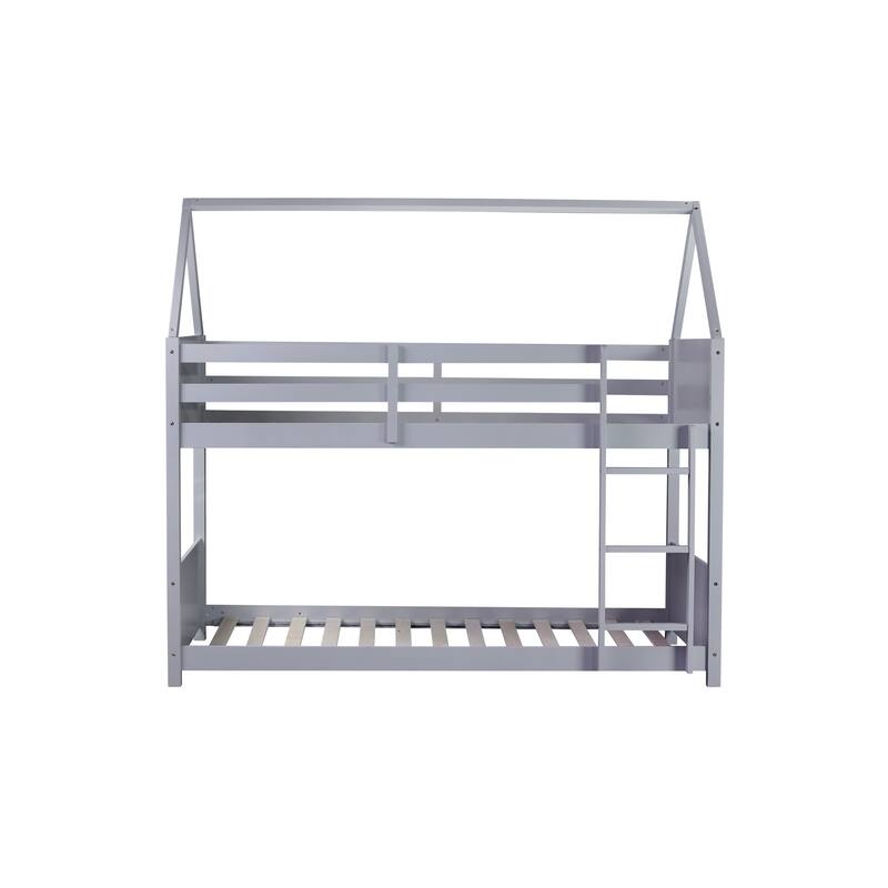 Twin over Twin House Floor Bunk Bed, Wooden House Shaped Bed Frame, Rubber Wood Twin Size Bunk Bed with Safety Guardrails