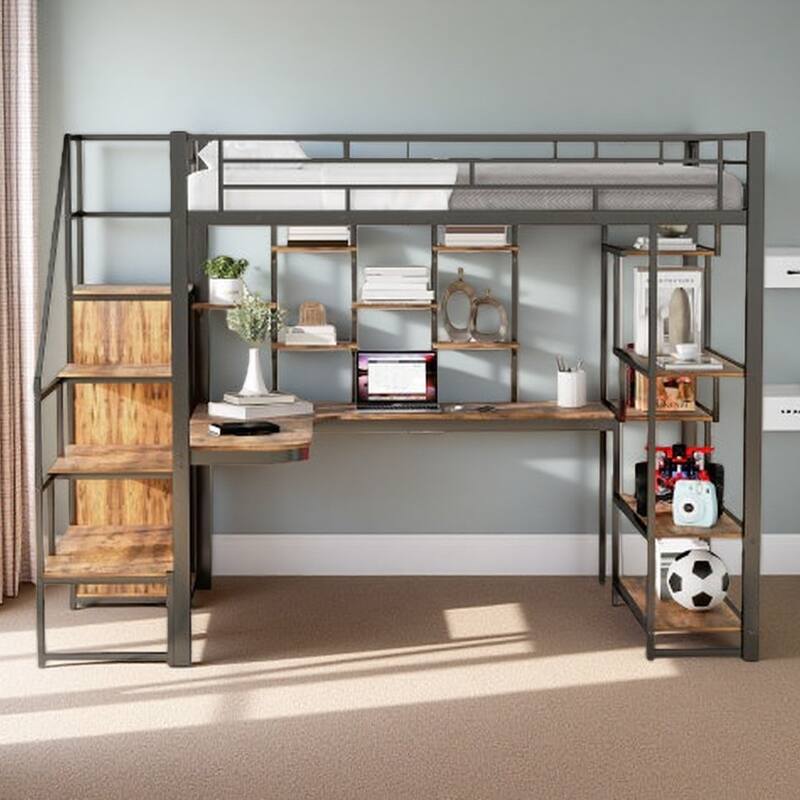 Full Size Metal Loft Bed with Built-In Desk, Storage Staircase, Small Wardrobe & 3-Tier Shelves - Black