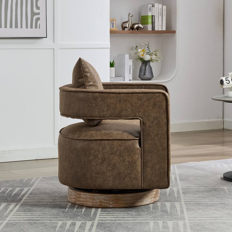 PU Leather Swivel Barrel Chair, Comfy Upholstered Leisure Armchair, Single Sofa Chair with Open Back & Rubber Wood Base