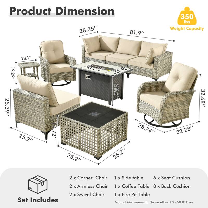 HOOOWOOO 9-piece Wicker Outdoor Furniture Patio Sofa Swivel Chair Set with Fire Pit Table