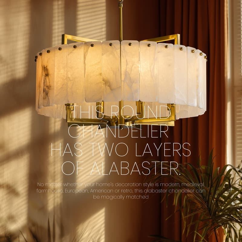 Modern 8-Light Round Gold Brass Chandelier with Marble Alabaster 23.6-Inch Drum Pendant Ceiling Light with Adjustable Chain
