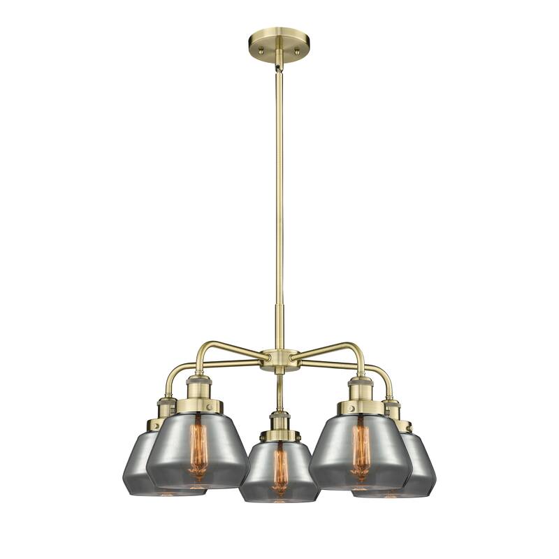 Innovations Lighting Fulton - 5 Light 25" Stem Hung Chandelier - Antique Brass/Light Smoke