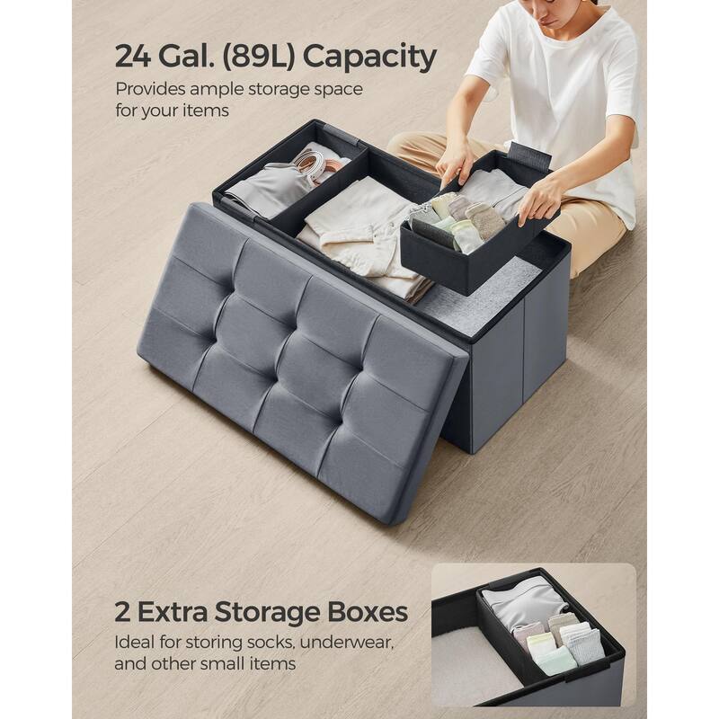 Storage Ottoman, Foldable Velvet Storage Bench, 2 Extra Storage Boxes, 15 x 30 x 15 Inches, 660 lb Load Capacity, for Entryway