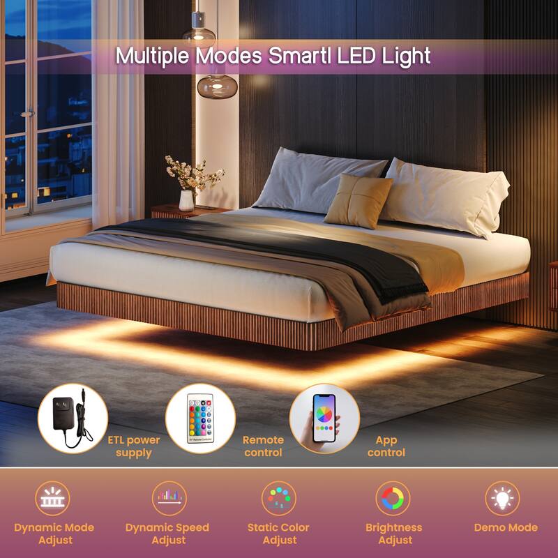 Walnut King Floating Bed Frame with LED Lights