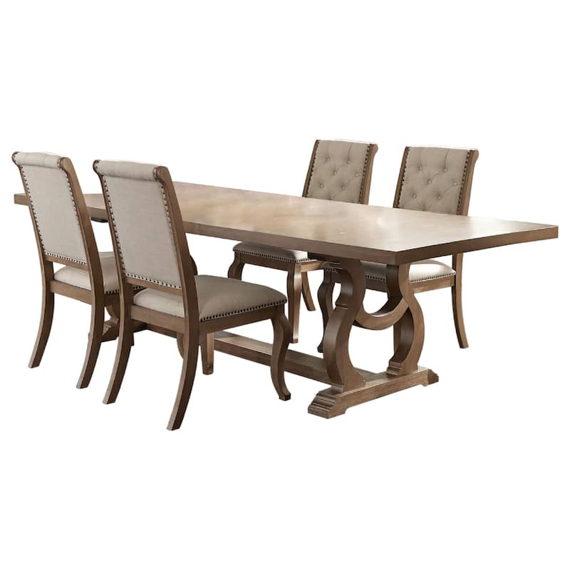 Sev 5pc Dining Table Set, 84-104 Inch Brown Top, 4 Cream Fabric Chairs