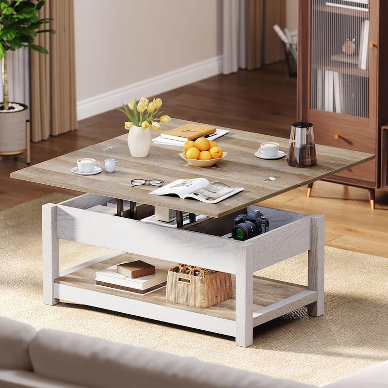 Moasis Farmhouse Lift Top Coffee Table Dining Table with Hidden Storage and Shelf